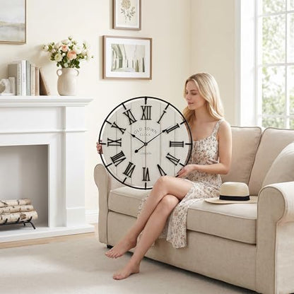 EMAX HOMELarge 24 Inch Farmhouse Style Wall Clock, Distressed Wood Look, Non-Ticking Quartz Movement, Classic Black Roman Numerals and Metal Frame, for Living Room Wall, Bedroom - color: White, size: 24 Inch Roman numerals
