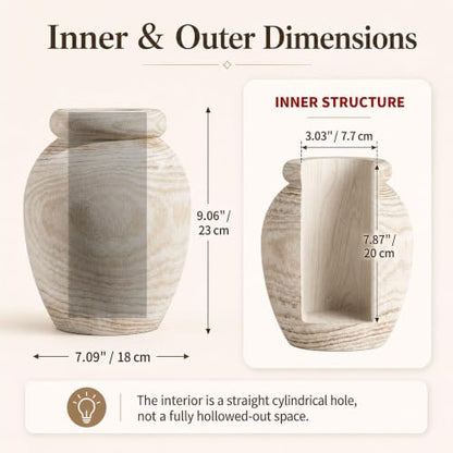 Hanobe Solid Wood Vase for Dried Flowers, 9" Decorative Table Vase