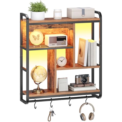 HOOBRO Gaming Floating Shelves for Wall, 26.4" LED wall Shelf Display Rack - color: Rustic Brown + Black