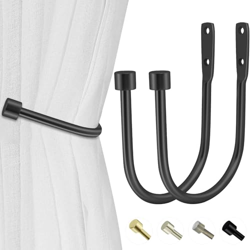 HIKMLK Minimalist Curtain Holdbacks 2pcs, 100% Cast Iron Solid Heavy Duty Metal Curtain Tieback Side Holders for Wall, Curtain Tie Hook Pull Backs for Drapes Window Home Decoration（Matte Black） - color: Matte Black