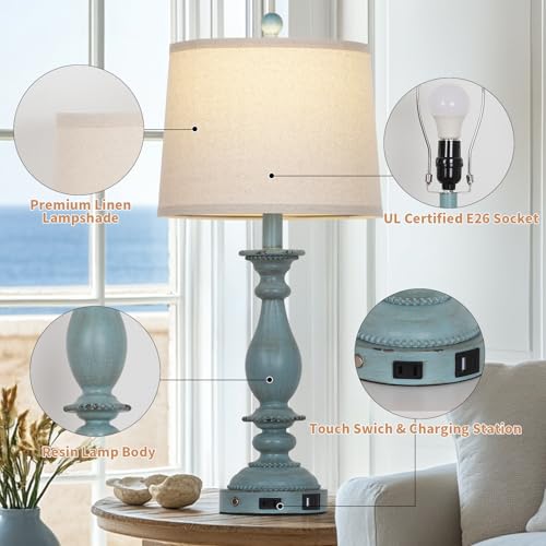 CINSARY 28" Tall Coastal Table Lamps for Living Room Set of 2, Farmhouse Rustic Blue Bedside Touch Lamp with USB C+A Ports & Outlet, 3-Way Dimmable Resin Nightstand Lamps for Bedroom Side End Table - color: Blue