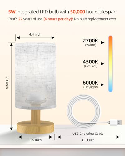 Small Touch Table Lamp for Bedroom, Portable LED Desk Lamps, 3 Color Stepless Dimming Up, Wood Base Round Flaxen Fabric Shade for Kids Room, Living Room, College Dorm, Home, Office - color: Touch switch-3 ColorTemp