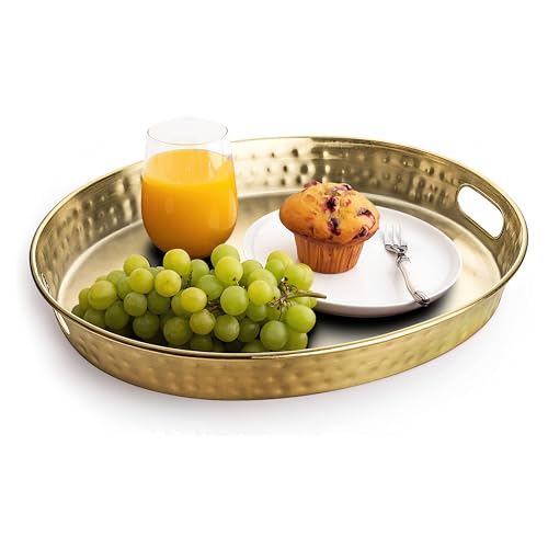 Monarch Abode Serving Tray with Handles – 17-Inch Hand Hammered Metal Platter for Living Room, Brushed Gold Finish Large Ottoman Tray Accent for Coffee Table, Tea & Food Serving Dish for Party - color: Brushed Gold, size: 17" x 13" x 2"