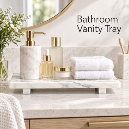 White Marble Pedestal Tray, 13.8-Inch Bathroom Vanity Counter Organizer - color: White Marble-13.8 in