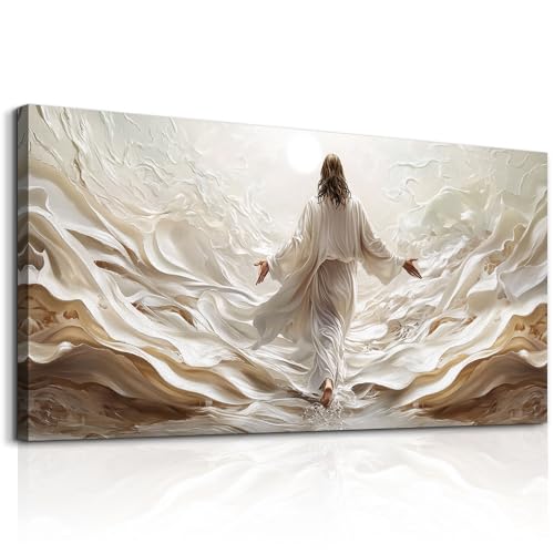 XIGUANGART Jesus Walking on Water Canvas Wall Art Christian Spiritual Wall Decor Prayer Room Pictures Divine Light Modern Religious Posters Prints for Living Room Bedroom Church Decoration 20x40in - color: Jesus Painting, size: 40"L x 20"W