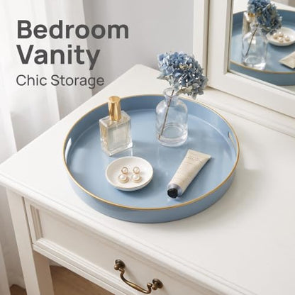 Spsyrine 13 Inch Dusty Blue Round Plastic Serving Tray with Handles - color: Pure Blue