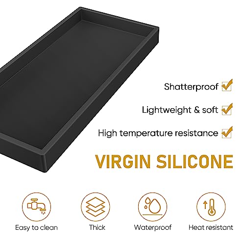 Bathroom Counter Tray,Silicone Vanity Tray for Soap Dispenser, Small+Large - color: Black, size: 7.8" x 3.9" x 0.8" + 10.6" x 5.1" x 0.8"