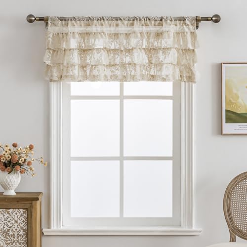 Kotile Beige Lace Ruffle Valance for Windows W52 x L18 Inch, 1 Panel - color: Beige - Ruffle Lace