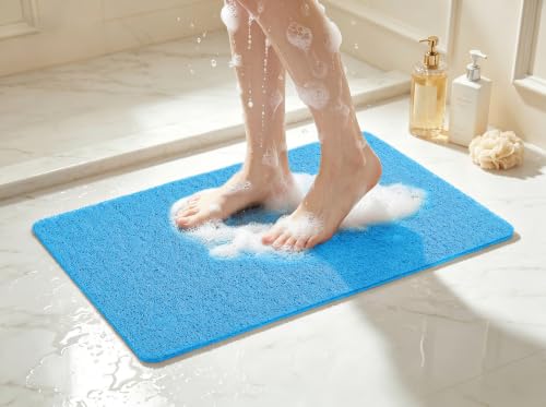 Asvin Soft Textured Bath, Shower, Tub Mat, 24x16 Inch, Phthalate Free, Non Slip Comfort Bathtub Mats with Drain, PVC Loofah Bathroom Mats for Wet Areas, Quick Drying - color: Blue, size: 24" x 16" (Rectangular)