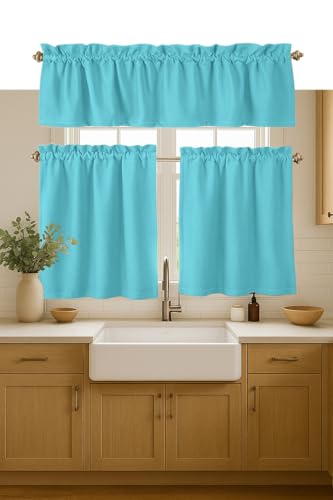 Native Fab Kitchen Window Curtains, 3 Piece Set, Valance 54x18, Tiers 26x36 Inch, Rod Pocket, Semi Sheer, Privacy Tiers with Topper, Durable, Great for Beach House, Bathroom, Dining Area, Ocean Blue - color: Ocean Blue