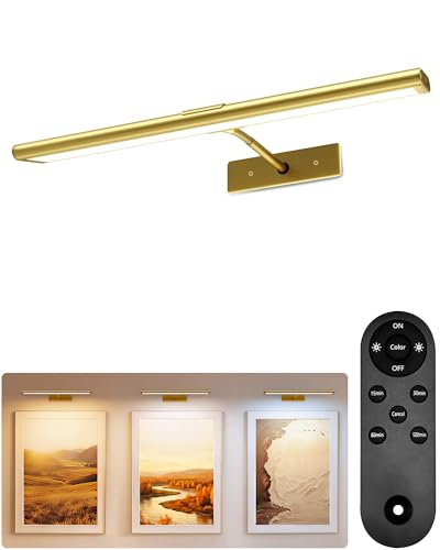 EZVALO Picture Light for Wall, 4800mAh Rechargeable Wireless Remote, 16‘’ Dimmable Magnetic LED Art Display Light with 3 Color Temperatures, for Gallery, Living Room, Bedroom, Hallway (Gold) - color: Gold, size: 16inch