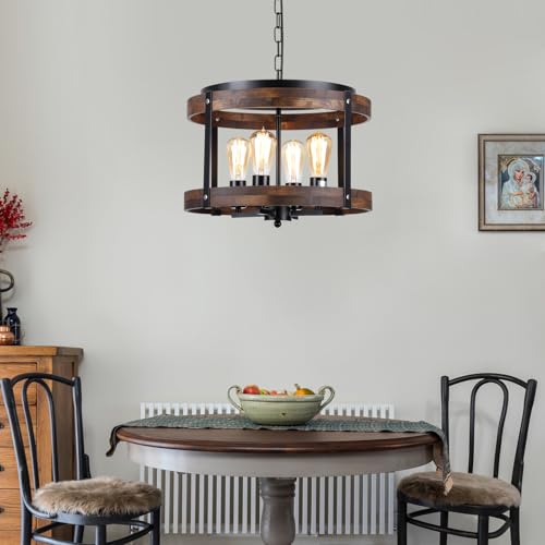 4-Light Large Rustic Farmhouse Wood Pendant Light Fixture with Adjustable Chain, 16.5 inch Oak Wood Drum Chandelier for Dining Room Kitchen Island Farmhouse Living Room Hallway, Black - size: Large pendant light 1 pack