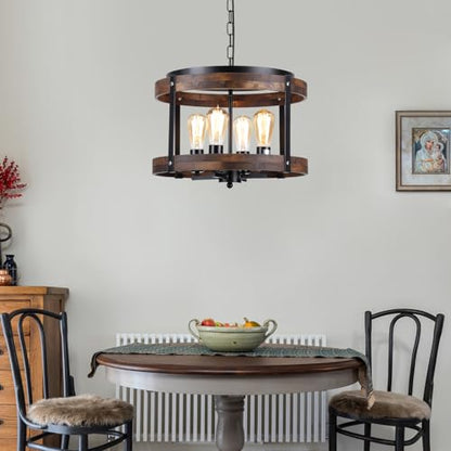 4-Light Large Rustic Farmhouse Wood Pendant Light Fixture with Adjustable Chain, 16.5 inch Oak Wood Drum Chandelier for Dining Room Kitchen Island Farmhouse Living Room Hallway, Black - size: Large pendant light 1 pack