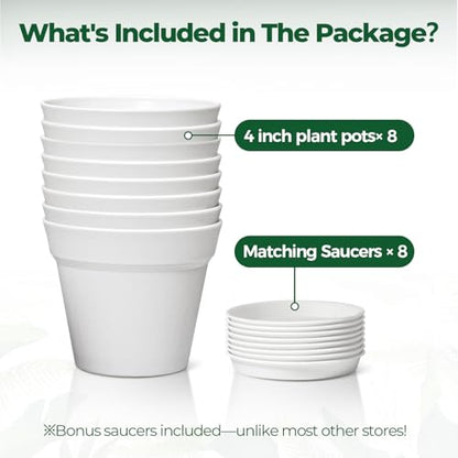 T4U Small Plant Pots 4 Inch 8 Pack, Plastic Indoor Flower Pots Saucer White - color: White, size: 4 inch