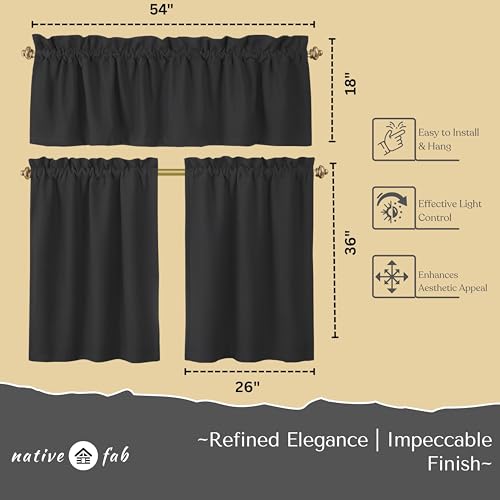 Native Fab 3 Pieces Window Curtain Tiers 26"x36" and Valance 54"x18" Set - Rod Pocket - Semi Sheer - Farmhouse Short Curtain for Kitchen, Bedroom, Bathroom - Grey - color: Grey