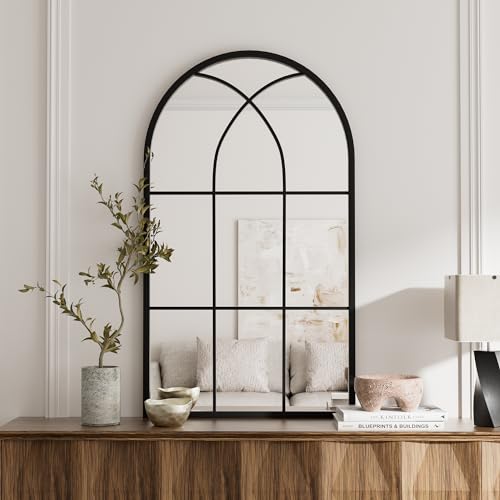 Rowjut Arched Top Window Glass Wall Mirror 42" x 24" Black Iron - color: Black-qm, size: 42"L x 24"W