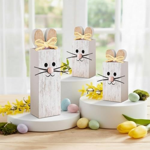 BBTO 3 Pcs Easter Table Decor Bunny Wooden Tiered Tray Decor Rabbit Tabletop Decoration Block Sign Table Centerpiece for Spring Home Decoration Home Shelf Office Kitchen Desk Party Supply(Rabbit) - style: Rabbit
