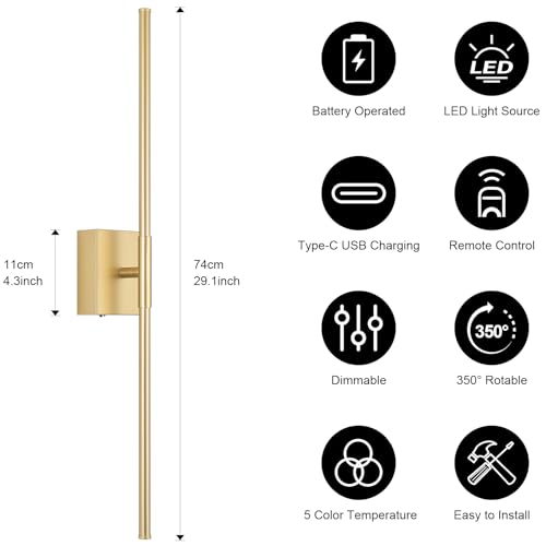 Battery Operated Wall Sconce Set of Two with Remote Control, 3000K-6000K Dimmable Gold Wall Lights, Timable LED Wireless Wall Sconces, 350° Ratate for Bathroom, Living Room, Hallway 29.1 Inch - color: Gold, size: 29.1in(2 Pack)