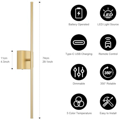 Battery Operated Wall Sconce Set of Two with Remote Control, 3000K-6000K Dimmable Gold Wall Lights, Timable LED Wireless Wall Sconces, 350° Ratate for Bathroom, Living Room, Hallway 29.1 Inch - color: Gold, size: 29.1in(2 Pack)