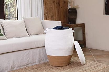26"x20" Handcrafted Tall Cotton Rope Basket with Lid, Stylish Flagon Shape with Cover, Clothes Hamper with Top, for Bedroom and Living Room, White/Camel Bottom - color: White/Camel Bottom