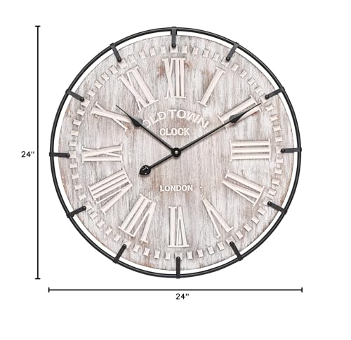 EMAX HOME 24 Inch Large Farmhouse Wall Clock, Rustic Antique Wood with Metal Circle and Large Engraved Numerals, Silent Battery Operated Wall Clock for Office Kitchen Bedroom Living Room - color: Brown, size: 24 Inch Roman numerals