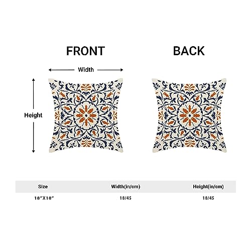 Navy Blue Orange Boho Pillow Covers 18x18 Set of 2, Bohemian Ethnic Carpet Pattern Design Decorative Throw Pillows Linen Blue Print Farmhouse Cushion Pillow Covers for Sofa Couch Outdoor Decor - color: Blue Orange, size: 18" x 18" (Pack of 2)