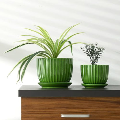 Green Plant Pots,Ceramic Planters with Drainage Holes & Saucers Set of 3 - color: Green