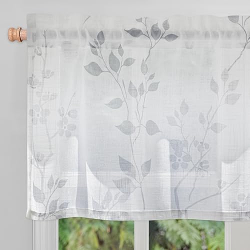 Beauoop Linen Floral Semi Sheer Valance Curtains for Kitchen Grey 52x18x1 - color: Rod Pocket | Grey, size: 50"W x 18"L (Pack of 1)