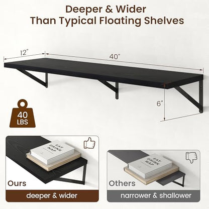 Axeman Deep Floating Shelves - 40 Inch Black Floating Shelves Set of 2-12 Inch Deep Wood Wall Shelves for Living Room Bathroom Kitchen - color: Black, size: 40W x 12D