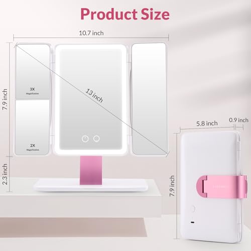 EASEHOLD Foldable Travel Tri fold Lighted Makeup Vanity Mirror with Lights - color: White-3000 Mah Rechargeable Trifold Foldable