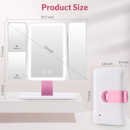 EASEHOLD Foldable Travel Tri fold Lighted Makeup Vanity Mirror with Lights - color: White-3000 Mah Rechargeable Trifold Foldable