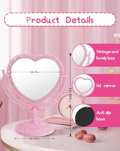 XPXKJ 7 Inch Vintage Heart Mirror - Elegant Desk Makeup Mirror with Double Sided 360 Degree Rotation Vanity Mirror for Coquette Room Decor - color: Pink