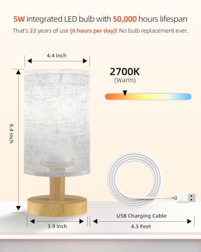 Small Touch Table Lamp for Bedroom, Bedside Lamp for Warm Light LED Desk Lamp, Wood Base Round Flaxen Fabric Shade for Kids Room, Living Room, College Dorm, Home, Office - color: Touch Switch