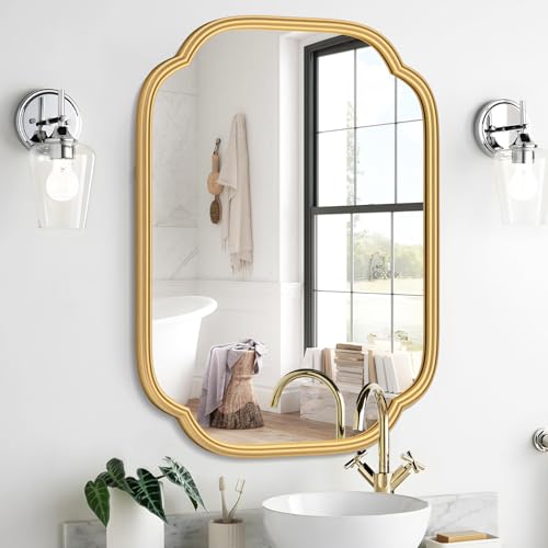 Ferytange Gold Mirrors for Bathroom, 18" x 24" Rectangular Wall Mirror for Bathroom Metal Frame Farmhouse Rounded Corner Wall Mirror (Horizontal/Vertical) - color: Gold, size: 24"L x 18"W