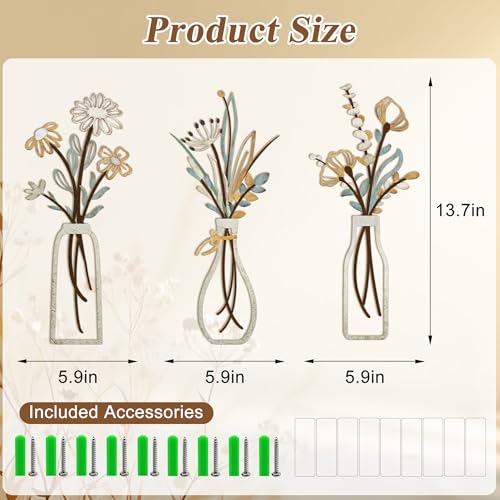 Embewhis Metal Wall Art Flowers 3pcs, Rustic Farmhouse Flower Sculptures, 13.7" Wall Art Decor, Drill-Free Install Option for Living Room, Kitchen, Bedroom & Bathroom - size: A