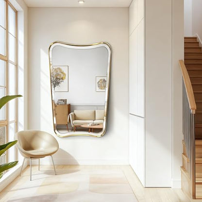 POZINO 48"x30" Premium Large Brushed Gold Bathroom Beveled Mirror - color: Brushed Gold Irregular, size: 48"L x 30"W