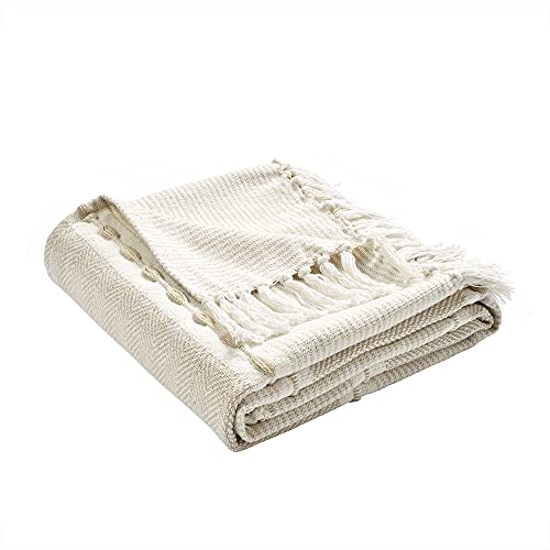 Lush Decor Herringbone Stripe Woven Tassel Yarn Dyed Cotton Throw Blanket 50" W x 60" L Neutral & White - Striped Throw Blankets - Beige Couch Blanket - color: Neutral & White