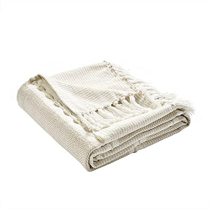 Lush Decor Herringbone Stripe Woven Tassel Yarn Dyed Cotton Throw Blanket 50" W x 60" L Neutral & White - Striped Throw Blankets - Beige Couch Blanket - color: Neutral & White
