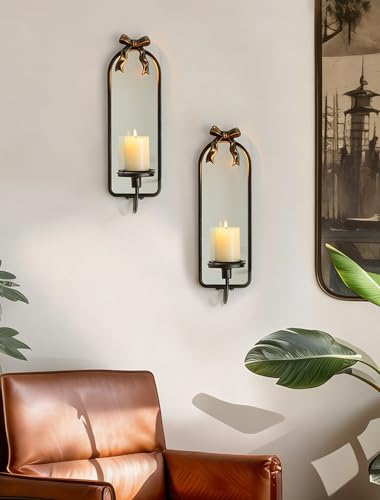 Mirror Wall Candle Sconces Set of 2: Black Metal Frame with Bow - color: Black&gold