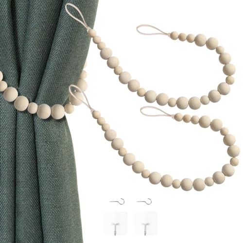 2 Pack Wood Bead Curtain Tieback, Boho Curtain Holdback, Wood - color: Wood Color