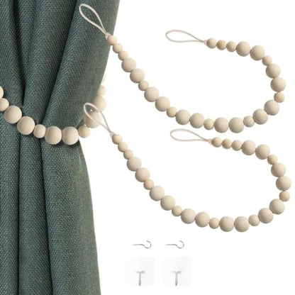 2 Pack Wood Bead Curtain Tieback, Boho Curtain Holdback, Wood - color: Wood Color