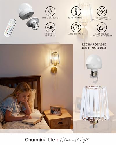 Battery Operated Wall Sconces Set of 2, Gold Crystal Wireless Wall Lights with Remote, 5000mAh Rechargeable (20H Run Time), Dimmable RGB & 3 Color Modes, Art Deco Vanity Sconce for Bedroom Living Room - color: Gold