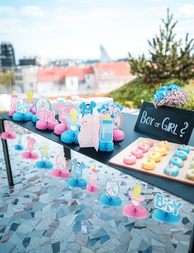 12 Pcs Baby Gender Reveal Table Decorations, Boy or Girl Centerpieces for Tables Honeycomb Centerpieces Blue and Pink Table Decor for Baby Shower Pregnancy Announcements Newborn Party Supplies - style: Gender Reveal
