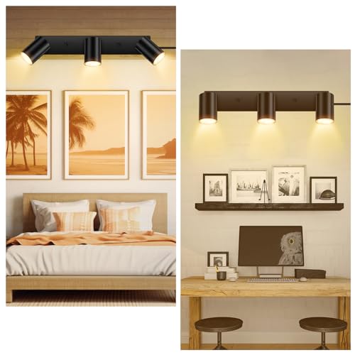 AUQUEE 3 Light Track Lighting Kit,Black 3 Way Modern Plug in Ceiling Spotlight,Industrial LED Wall Light for Kitchen Cabinet Gallery Bar Hallway Living Room,Rocker Switch,15 Foot Cord(No Bulb) | Track Light Fixtures Ceiling,Plug in Wall Lights with Cord,