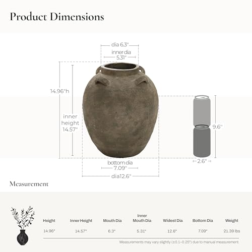 LuxenHome Rustic Ceramic Flower Vase,15 Inch Tall Brown Terracotta Vases - size: Large