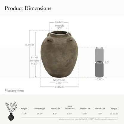 LuxenHome Rustic Ceramic Flower Vase,15 Inch Tall Brown Terracotta Vases - size: Large