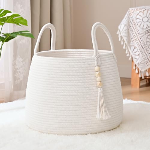 Large Nursery Hamper, 30L Blanket Basket with Handle, Baby Laundry Basket for Gift, Toy, Clothes, Woven Storage Basket with Wooden Bead Decor, Baby Hamper for Nursery (Black&Brown) - color: White, size: 30L