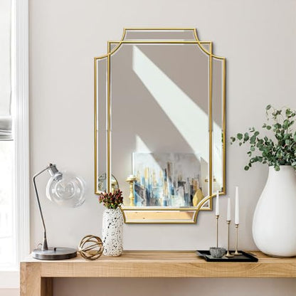 36"x24" Gold Rectangle Beveled Mirror with Geometric Wood Frame - color: Gold, size: 36"L x 24"W