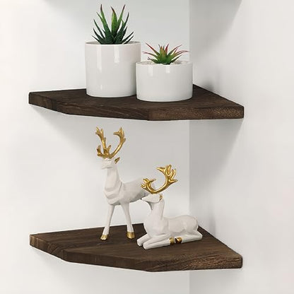 Joiishom Wood Corner Wall Shelves Set of 2, Solid Wood Corner Floating Shelves, Round End Wall Mounted Floating Corner Shelf for Bedroom, Living Room and Kitchen. (Brown-12 inch) - size: Brown-12 inch