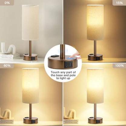 Fenmzee Brown Bedside Lamp for Bedroom, Dimmable Touch, USB A+C, AC Outlet - color: Beige - Brown, size: 14"